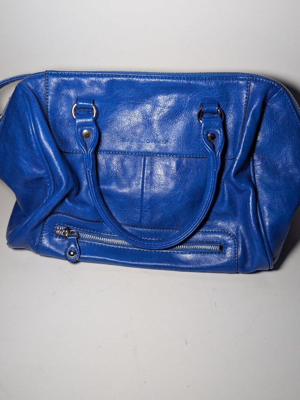 David Jones Faux Leather Handbag Bright Blue Tan Interior Silver Hardware